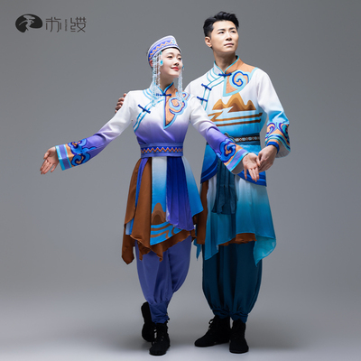 达斡尔族蓝白渐变男女演出服定制