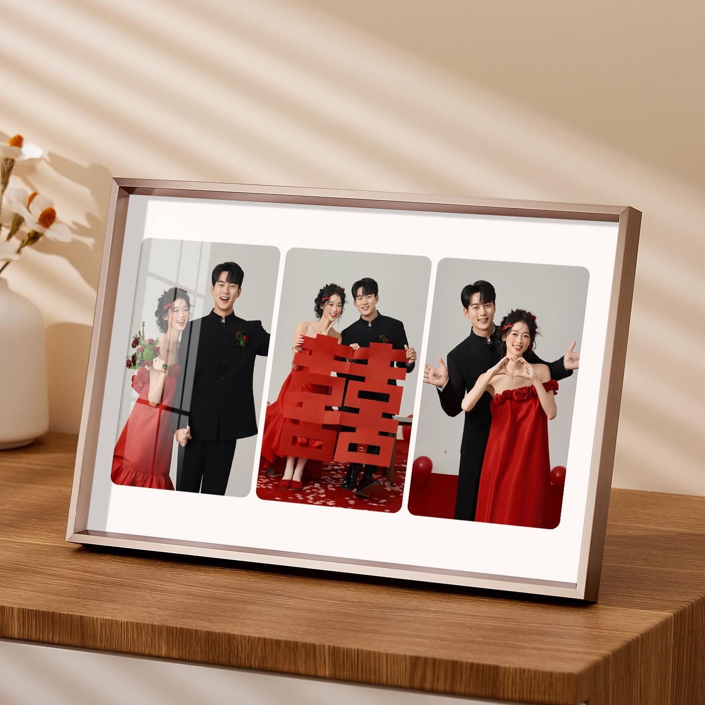 结婚纱照相框摆台定制三宫格相框加打印洗结婚照相片制作水晶摆台