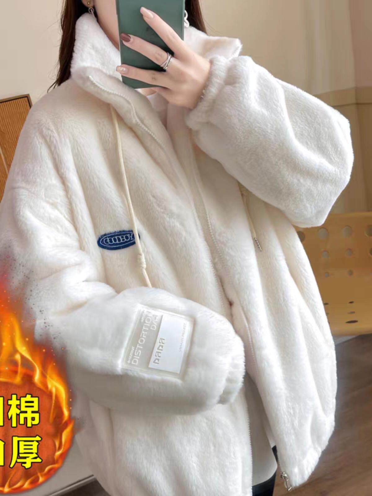JACKET PLUSH TOP WOMENS 2024 AUTUMN AND WINTER NEW FLEECE THICKENED LOOSE CASUAL AND VERSATILE COTTON CLOTHES