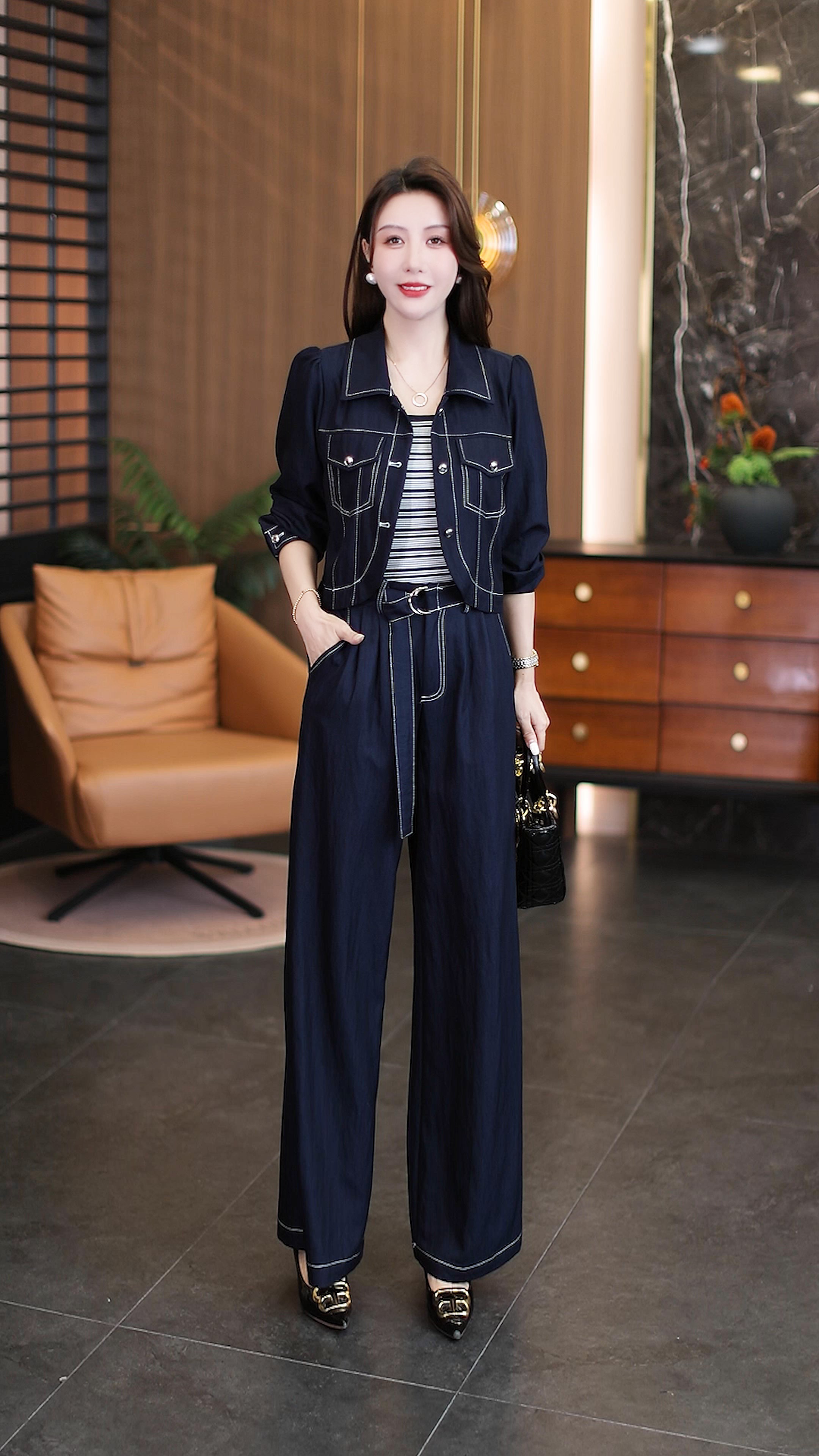 高端品牌时尚牛仔套装女春秋季新款高腰显瘦宽松休闲阔腿裤三件套