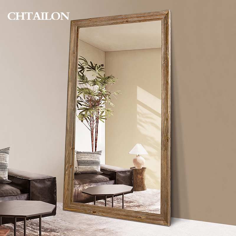 实木边框复古做旧全身穿衣镜子