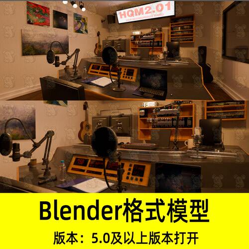 Blender现代广播电台录音室直播间主播工作台麦克风控制台3D模型