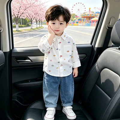 男童纯棉衬衫+牛仔裤套装春秋款