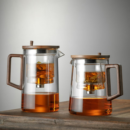 胡桃木全玻璃内胆飘逸杯一键茶水分离泡茶壶茶具套装耐热茶具套装
