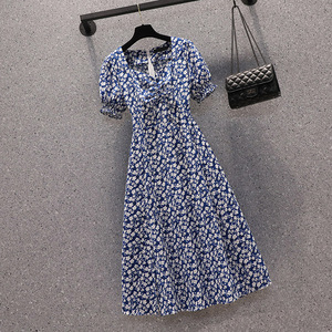 RY1845#大码夏复古法式胖妹妹碎花泡泡袖显瘦裙子方领开叉连衣裙