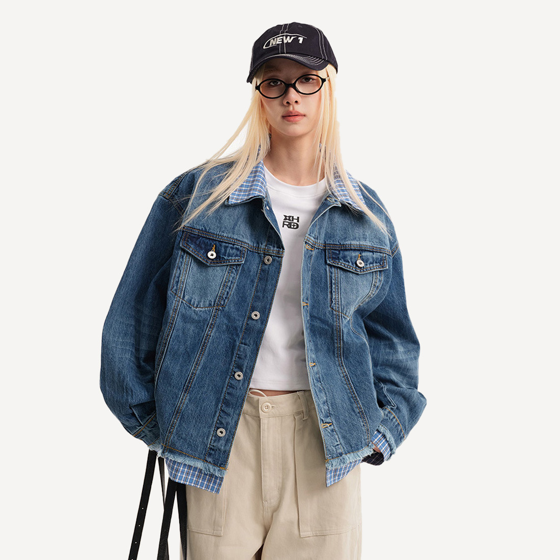 Cattee美式复古格子拼接休闲外套男女宽松百搭牛仔上衣情侣夹克