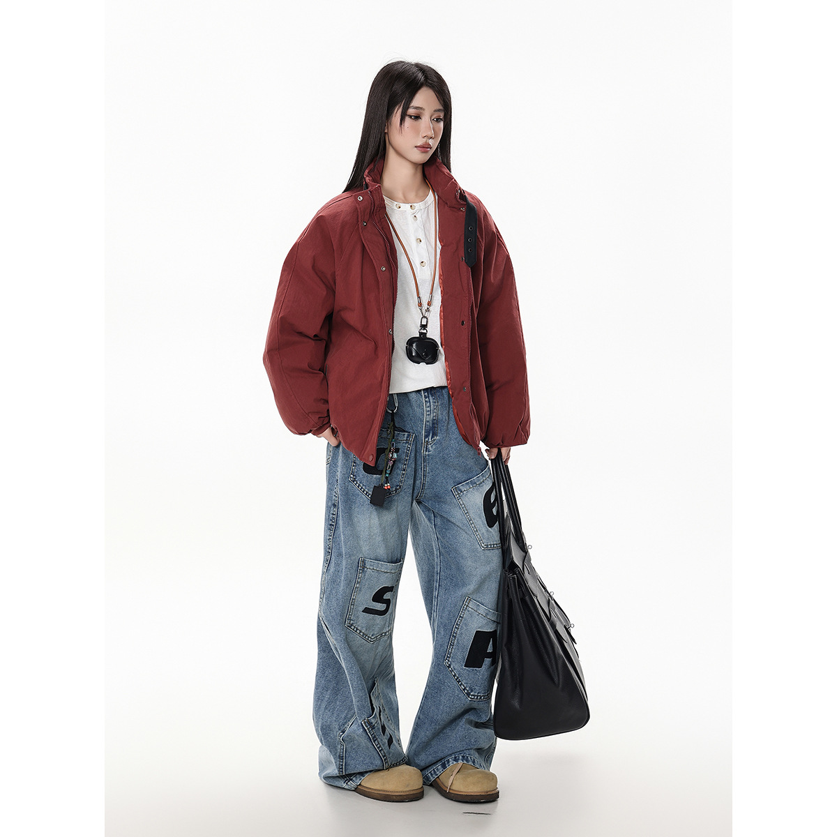 酒红色棉衣男女立领棉服