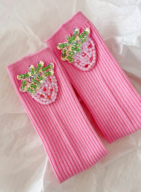 原创儿童冬季袜子纯棉小腿袜韩系水钻草莓保暖可爱粉色女童中筒袜