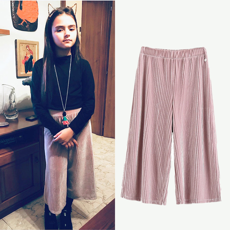 时尚小美女意大利童装秋冬款女童丝光条绒宽松九分裤阔腿裤可母女