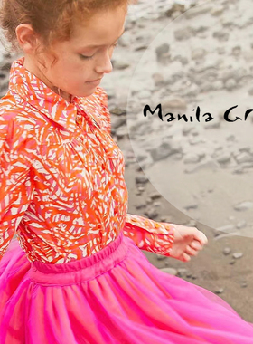 欢悦春色意大利MG春季甜橙色微泡泡袖女大童长袖翻领衬衫8-16岁