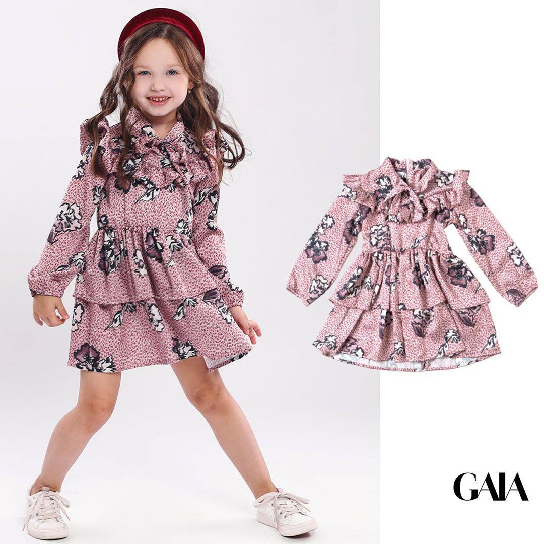 意大利童装gaia玫红色木槿印花可爱女小童荷叶边长袖连衣裙