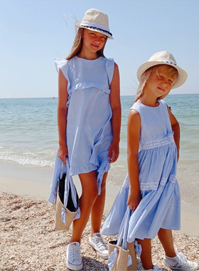 夏日海蓝蓝系列 意大利童装MG家春夏女童全棉浅蓝清爽无袖连衣裙