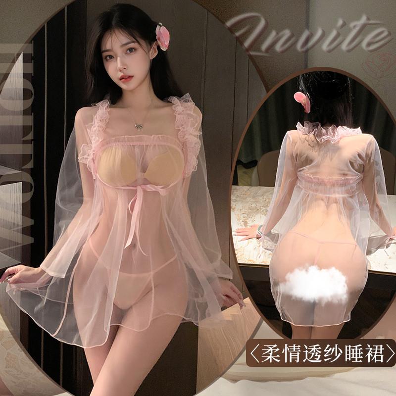 甜美诱惑法式性感全透明睡裙女夏季网纱透视亲肤柔软家居蕾丝睡衣