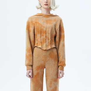 萱草黄针织运动帽衫 RAY 晕染收腰压褶短款 YELLOW BURST