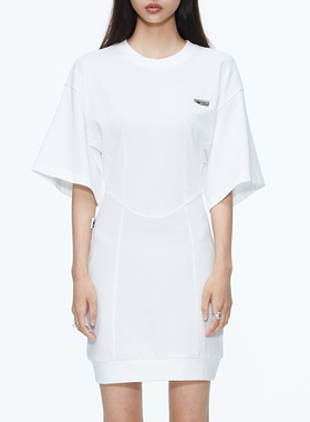 RAY BURST WHITE 结构线收腰白色全棉T恤连衣裙