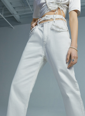 RAY  BURST WHITE 白色镂空腰牛仔裤