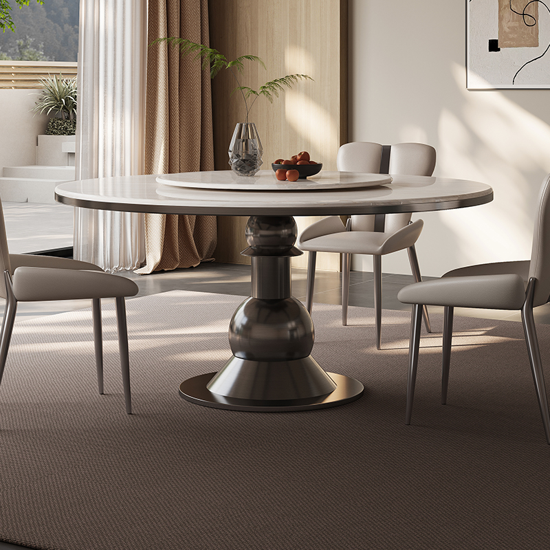 古调东方明珠大理石别墅设计师高级圆形家用亮面高级感餐桌组合椅