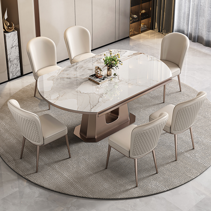 古调意式岩板餐桌家用轻奢简约小户型可伸缩旋q转变圆形餐桌椅组