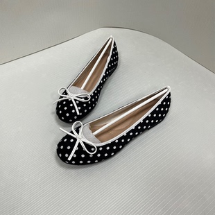 女百搭浅口一脚蹬单鞋 甜美风 圆头黑色波点蝴蝶结芭蕾舞平底鞋