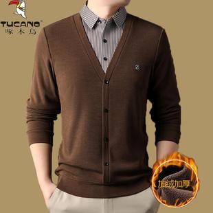 啄木鸟冬季一体绒假两件男衬衫领加绒加厚休闲保暖针织毛衣打底衫