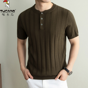 啄木鸟亨利领短袖t恤男夏季薄款亚麻针织衫中年宽松透气冰丝上衣T
