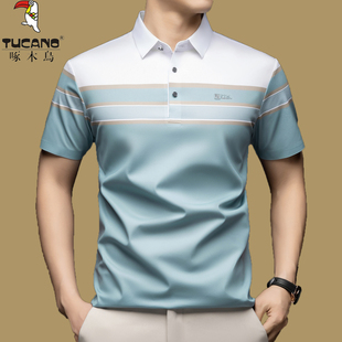 啄木鸟桑蚕丝短袖t恤男夏季新款翻领中年宽松休闲条纹冰丝Polo衫