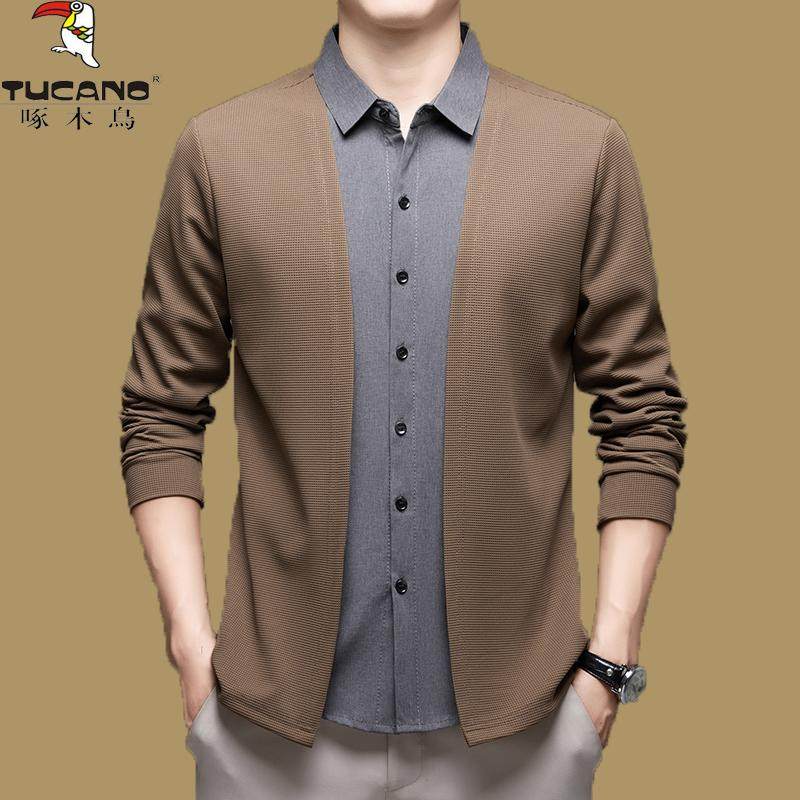 啄木鸟假两件长袖t恤男士春秋季休闲商务衬衫领上衣针织开衫外套