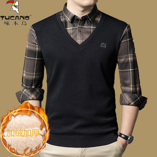 啄木鸟加绒加厚男士假两件毛衣衬衫领羊毛衫冬季大码针织打底衫潮