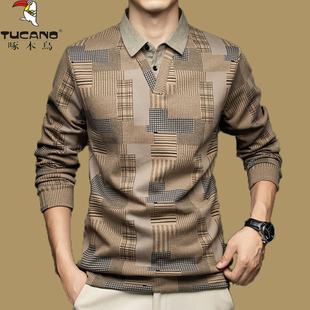 啄木鸟秋季新款羊毛衫假两件毛衣男士衬衫领针织衫宽松V领打底衫