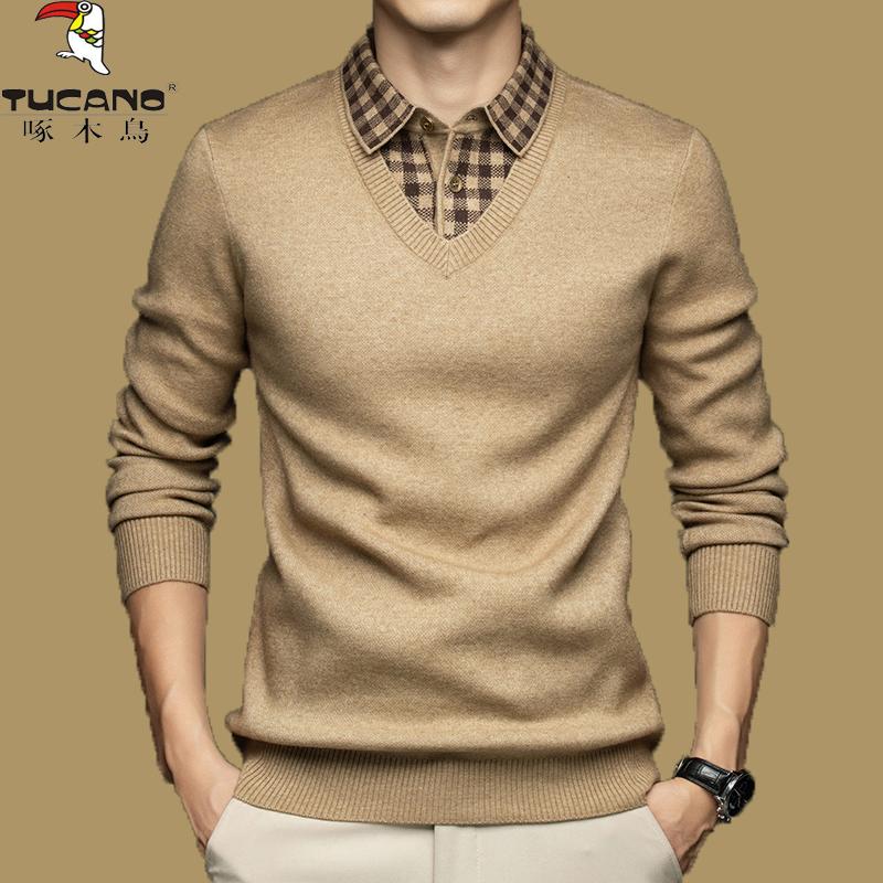 啄木鸟高档羊毛衫假两件针织毛衣男秋冬加厚保暖衬衫领羊绒打底衫