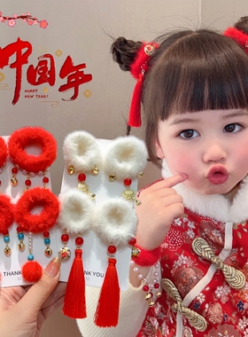 儿童新年发饰红色毛绒发圈2024新年女童宝宝可爱发绳不伤发橡皮筋