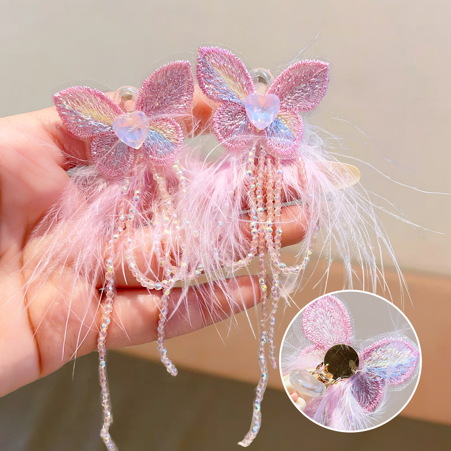 儿童刺绣蝴蝶流苏耳夹小女孩超仙甜美耳坠无耳洞耳环女童公主耳饰