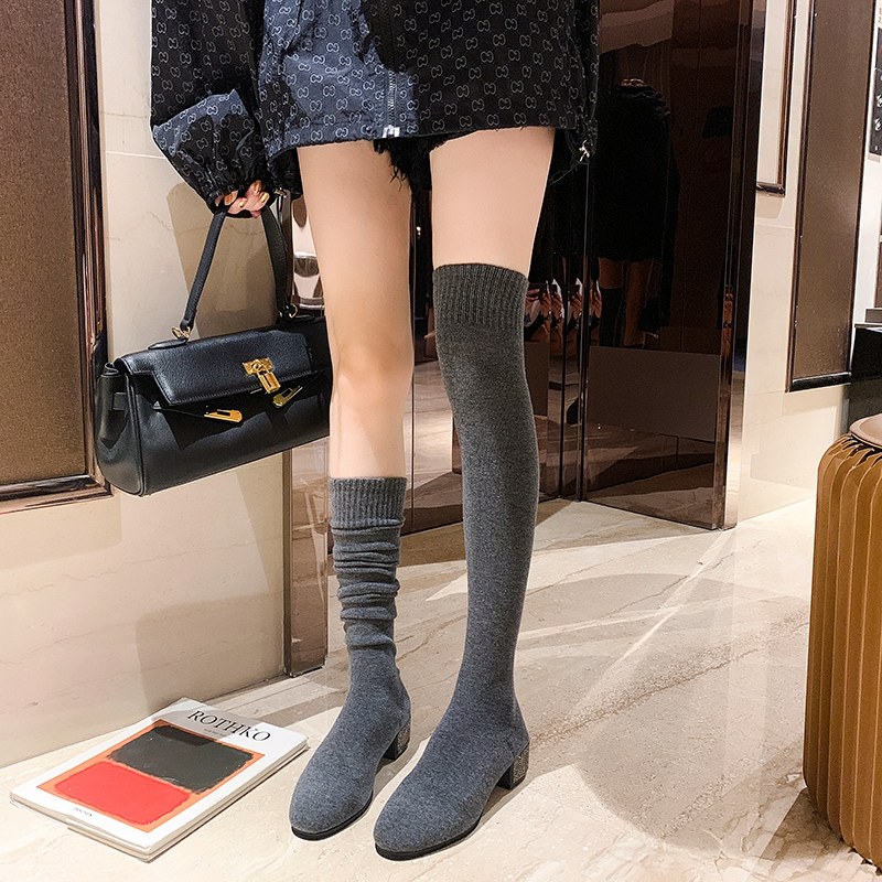 靴子女秋冬单靴长筒针织s弹力过膝靴袜靴韩版百搭瘦瘦靴袜子靴新
