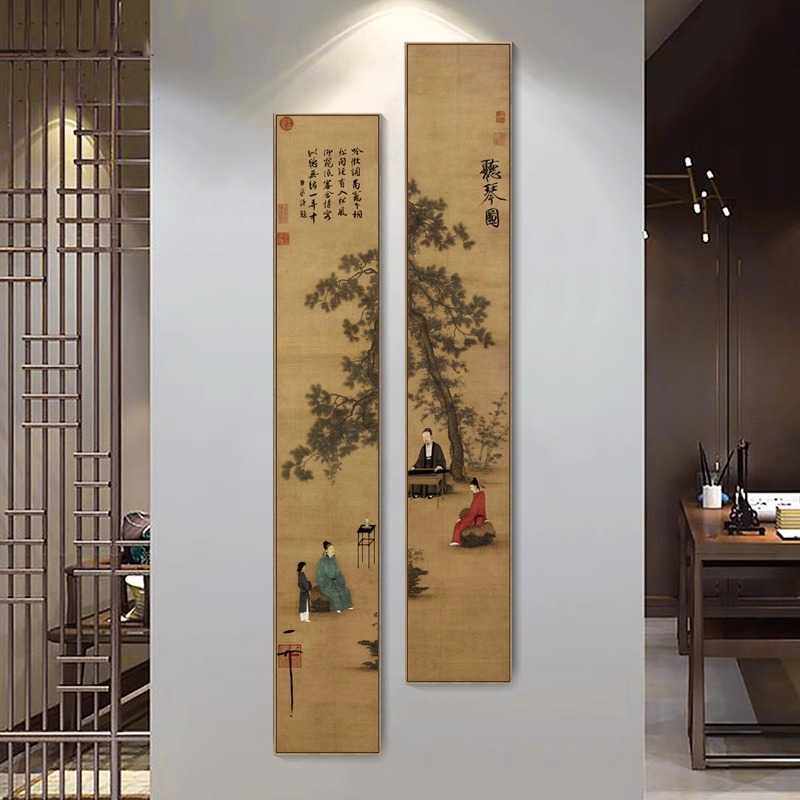新款直销新中式客厅装饰画听琴图竖版细长条书房背景墙壁画茶室玄