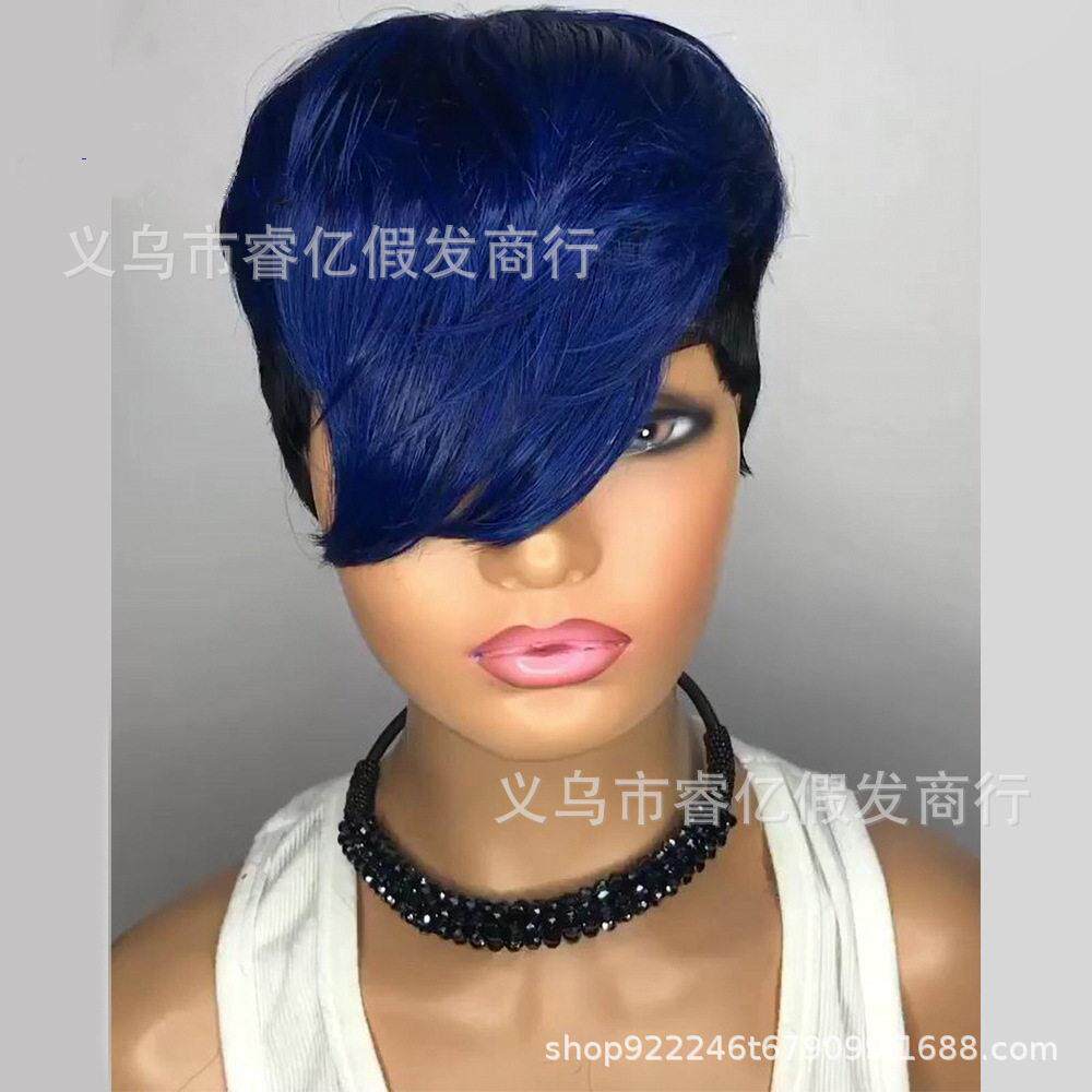 新款直销2021睿亿爆款热销欧美假发 斜刘海黑色挑色蓝色短卷发