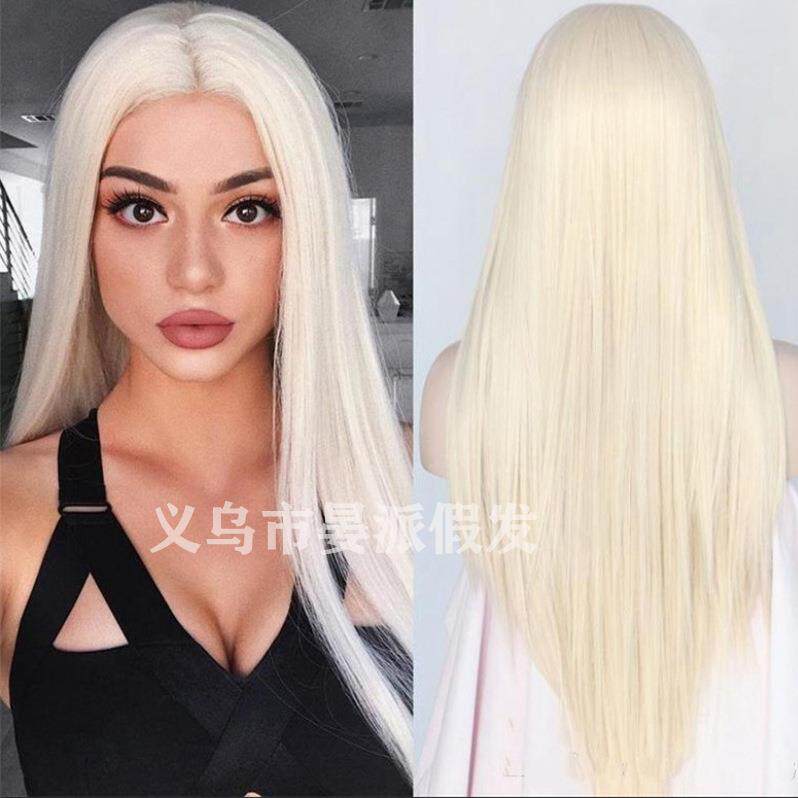 新款直销欧美假发女士中分长直发原宿淡金色化纤发节日装扮表演假