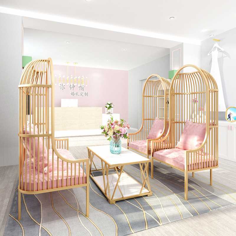 新款直销现代简约铁艺鸟笼沙发卡座美容接待会客沙发休息会所单双