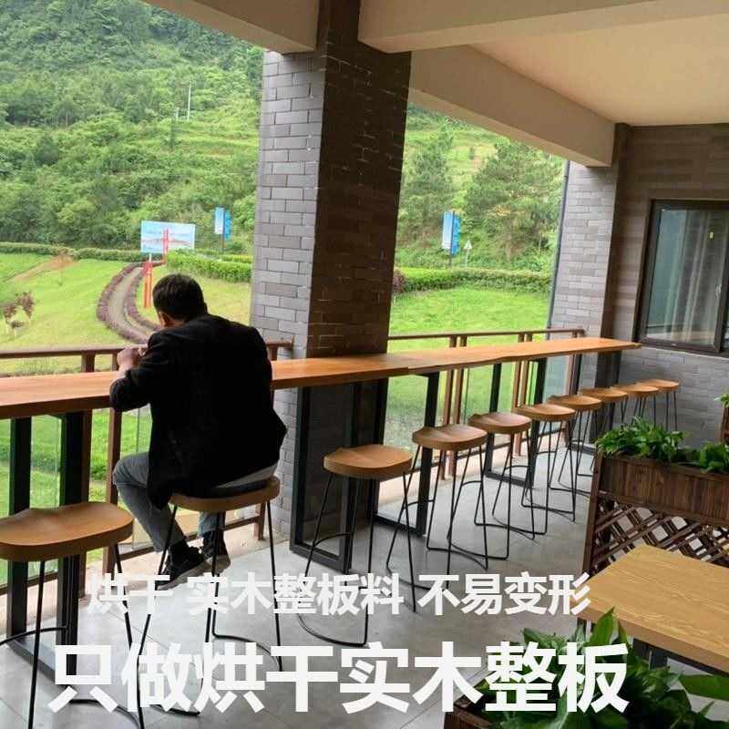 新款直销美式铁艺实木家用吧台桌奶茶店靠墙长条酒吧复古高脚桌椅