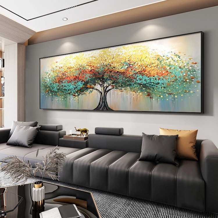 新款直销发财树手绘油画客厅挂画大芬油画村装饰画大气沙发背景墙图片