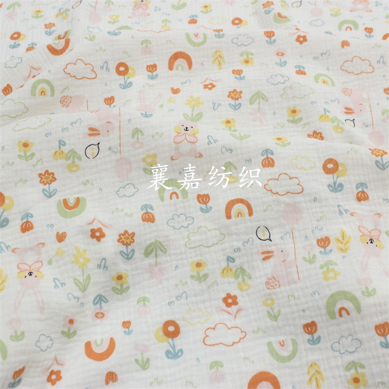 新款直销双层棉纱布绉布 卡通印花布料 婴幼儿 包被 毯子面料