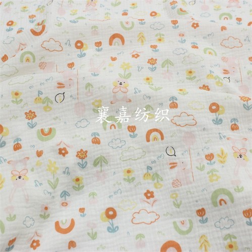 新款直销双层棉纱布绉布 卡通印花布料 婴幼儿 包被 毯子面料