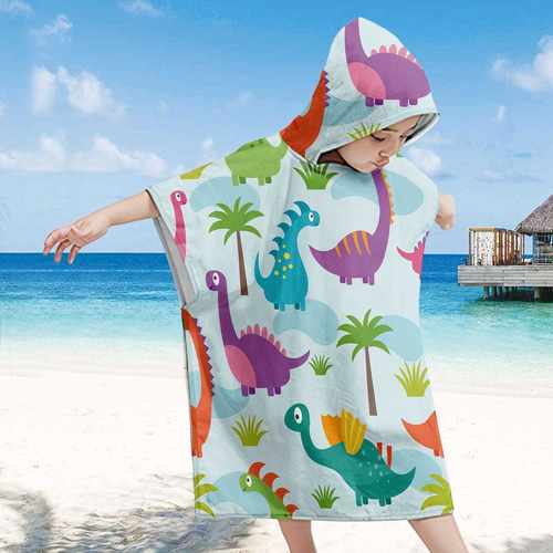 新款直销恐龙款儿童沙滩防晒连帽斗篷海滩换衣巾游泳可穿印花专制