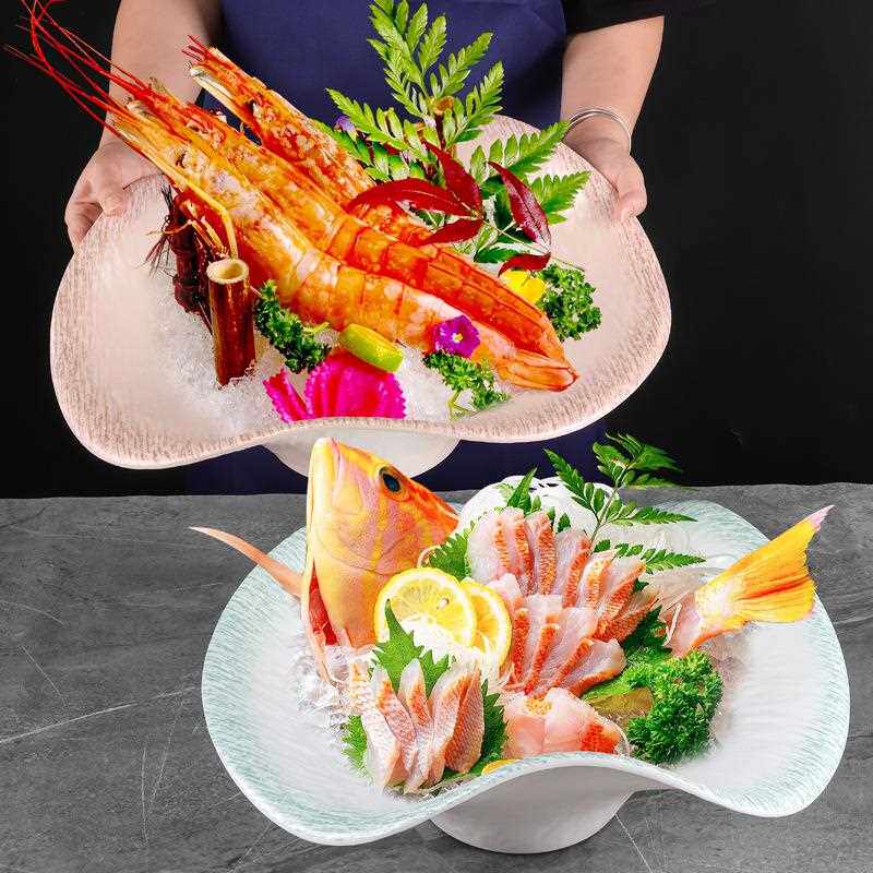 新款直销三纹鱼盘饭店日式创意海鲜刺身盘干冰盘带隔板冒烟意境盘