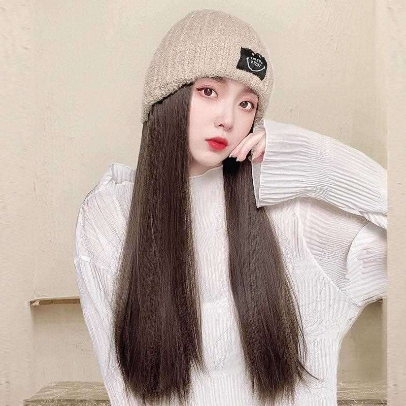 新款直销帽子假发女一体网红百搭网红加绒针织帽带时尚韩版潮秋冬