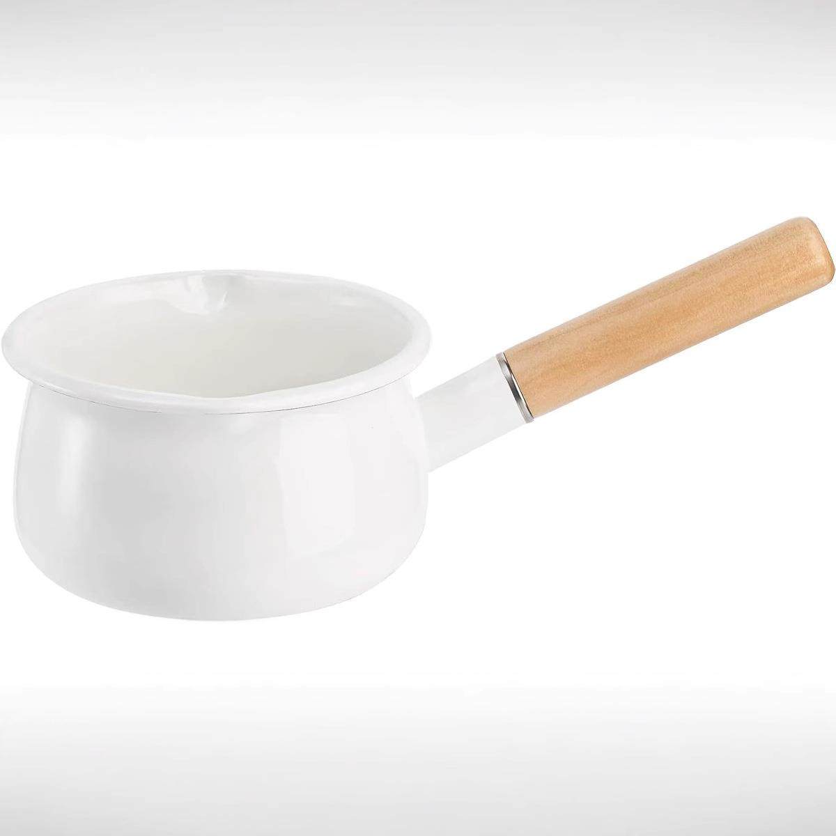 新款直销日式辅食搪瓷珐琅锅15cm单柄泡面牛奶锅汤锅带木柄1L燃气