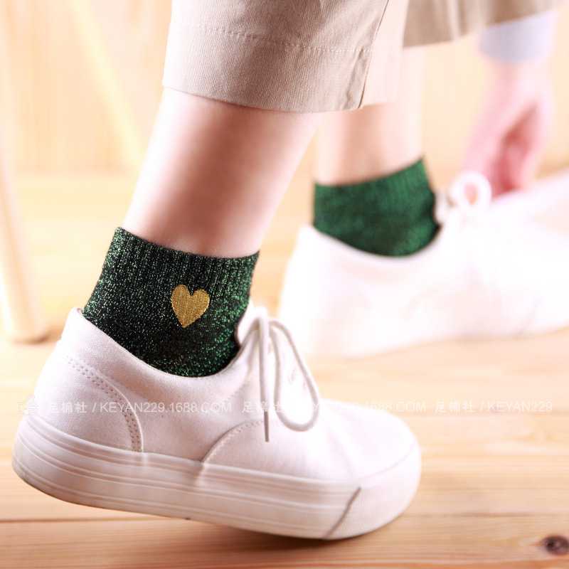 新款直销春夏季袜子 INS潮流女袜金银丝女士船袜刺绣金线爱心棉短