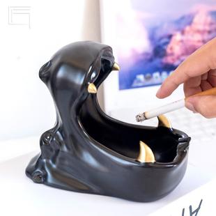 直销家用可爱动物造型河马烟灰缸车载防飞灰个性 新款 大容量烟缸陶