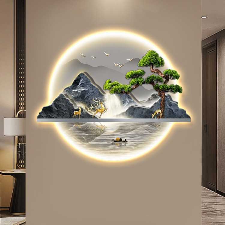 新款直销新中式入户玄关装饰画流水生财山水画带灯走廊过道挂画迎