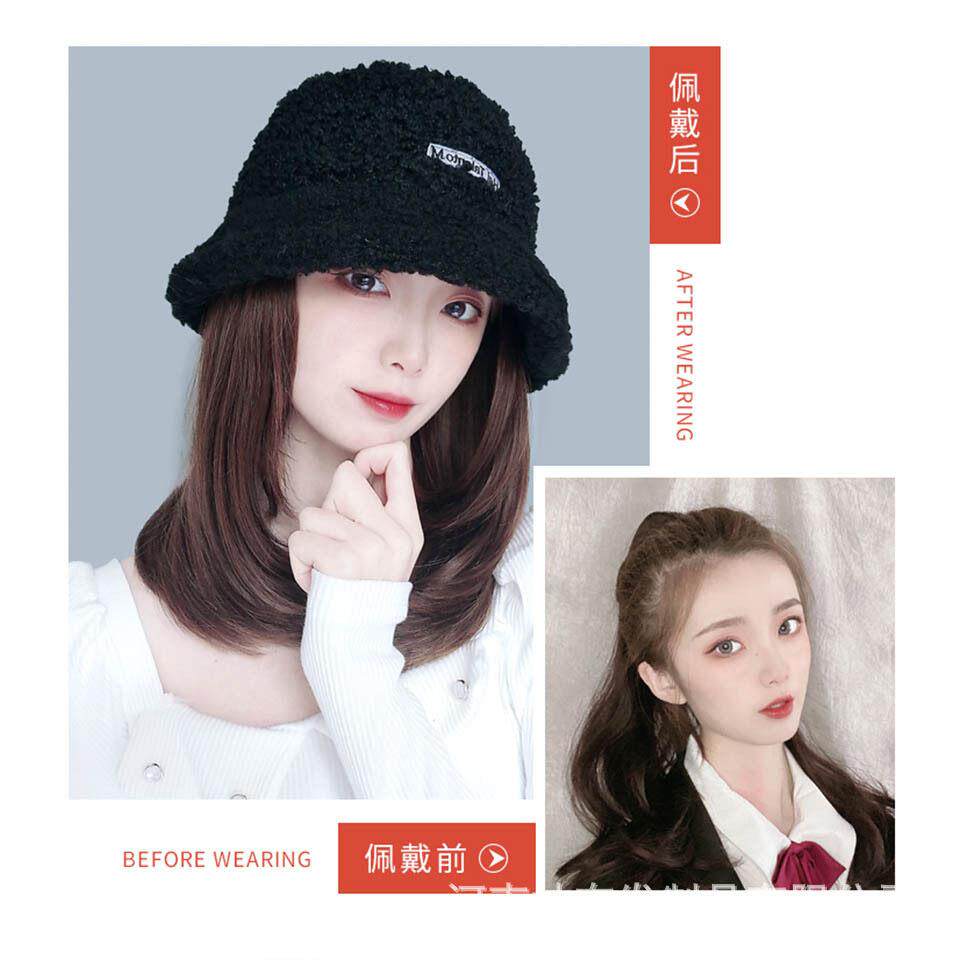 新款直销假发帽子女秋冬韩版时尚羊羔毛渔夫帽锁骨发一体假发帽批
