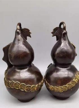 新款直销金属工艺品古玩收藏 做旧仿古黄铜葫芦紫铜色鎏金葫芦蝙